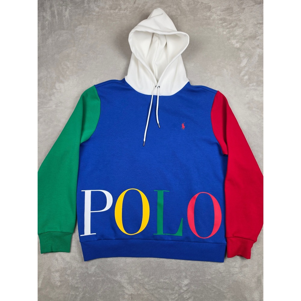 Polo Ralph Lauren Double Knit Hoodie Mens L Blue Colorblock Big Logo Sweatshirt